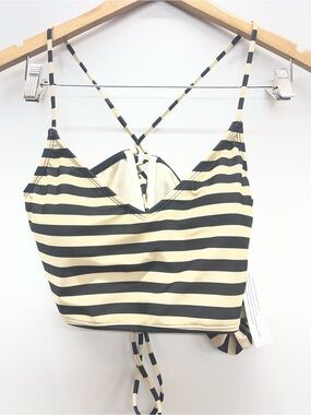 Rewind Cream and Black Striped Crisscross Bikini Top